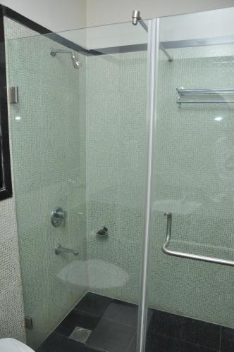 a bathroom with a shower with a glass door at Hotel Abigail Regency in Shirdi