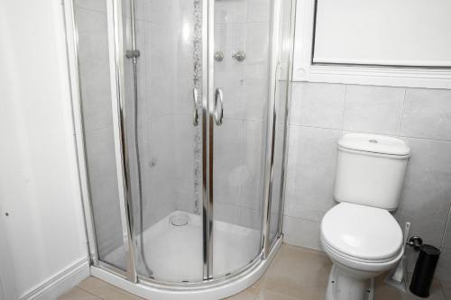 a bathroom with a shower and a toilet at A Gem in Strathtulloh in Exford