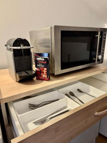 un four micro-ondes installé au-dessus d'un comptoir de cuisine dans l'établissement Studio Nouveau - Centre & Calme avec Wifi, à Grenoble