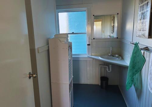 a small bathroom with a sink and a refrigerator at Stanley Heritage House in Stanley