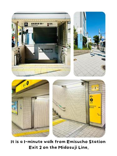 a collage of four pictures of a bus stop at 嵐 Arashi BNB 日本橋 No8111 in Osaka