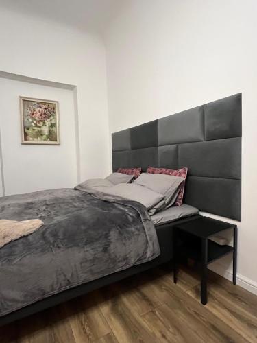 a bedroom with a bed with a black headboard at Stylish Stay in Ēveles Street in Rīga