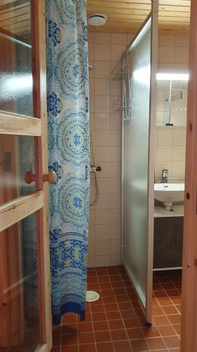 Un baño con cortina de ducha y lavabo. en LuppoSyöte, en Syöte