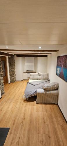 a bedroom with a bed and a couch in it at Airolo with private parking in Airolo