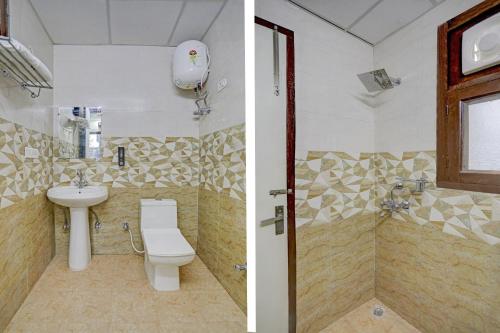 two pictures of a bathroom with a toilet and a sink at Super Four Seasons in Noida