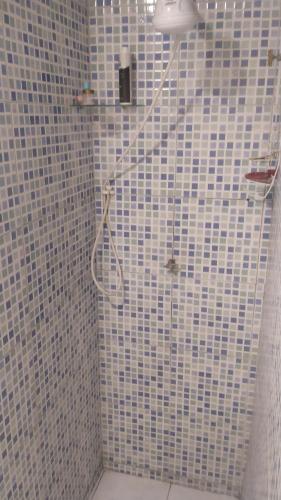 un bagno con doccia con piastrelle blu e bianche di Linda salvador a Salvador