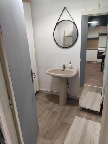 une salle de bain avec un lavabo et un miroir au mur dans l'établissement Maison de ville, à Bourbourg