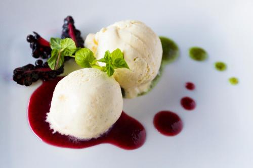 a plate with twooops of ice cream and red sauce at Las Lagunas Boutique Hotel in Flores