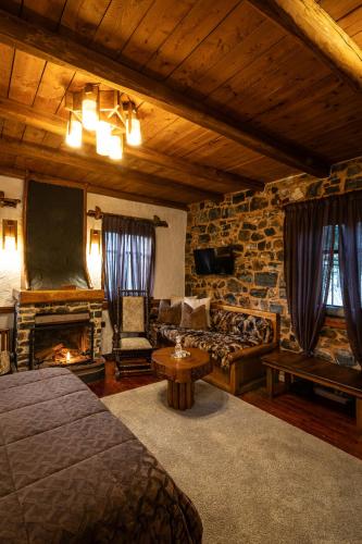 a living room with a bed and a fireplace at 4 Seasons Premium Chalet & Massage Treatments in Palaios Agios Athanasios