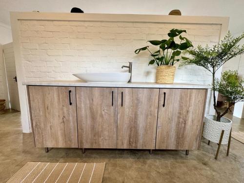 a bathroom vanity with a sink and two potted plants at Escape Pretoria East Luxury Villa in Tierpoort