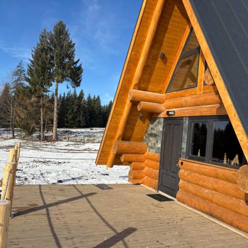 a log cabin with a door on a snow covered yard at A mon Chalet in Vărşag