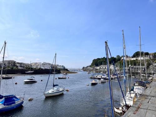 a group of boats are docked in a harbor at apartment porthmadog harbour side fantastic views in Porthmadog