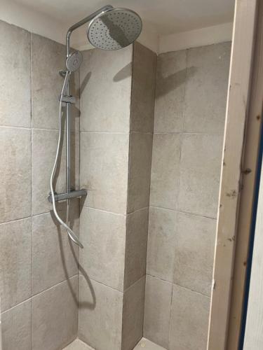 une douche avec pommeau de douche dans une salle de bain dans l'établissement La mer avec un petit jardin, à Villers-sur-Mer