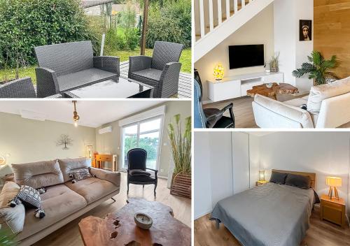 a collage of four pictures of a living room at Maison lumineuse, terrasse, à 10 min des plages in Saint-Père-en-Retz