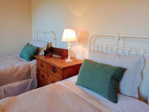 a bedroom with two beds and a lamp on a dresser at Villa Mogrovejo in Mogrovejo