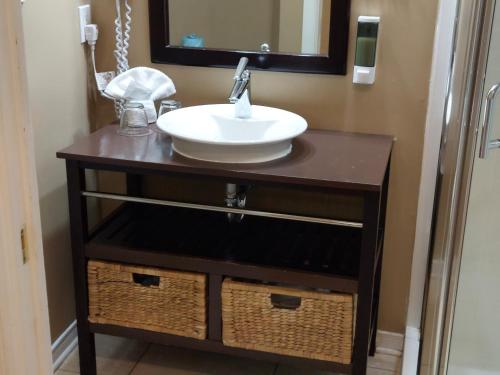 a bathroom vanity with a sink and a mirror at Studio-hôtel Villegiature Saint-Sauveur in Piedmont