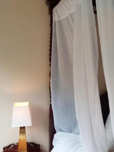 a bed with a canopy and a lamp next to a bed at Studio-hôtel Villegiature Saint-Sauveur in Piedmont