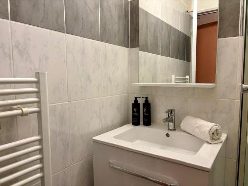 une salle de bain avec un lavabo et un miroir dans l'établissement Le Chamois Blanc, à Chamonix-Mont-Blanc