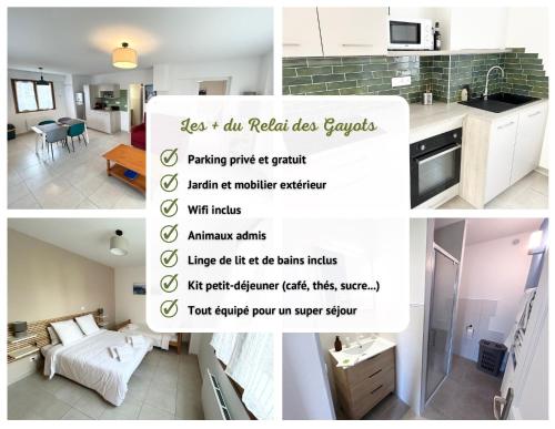 un collage de photos d'une cuisine et d'un salon dans l'établissement Le Relai des Gayots Wifi Parking Jardin - CLG Savoie, à Châteauneuf