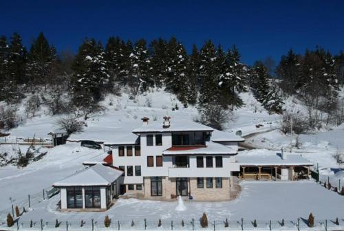 una casa nella neve con i cavalli sul tetto di Вила Релакс a Pamporovo