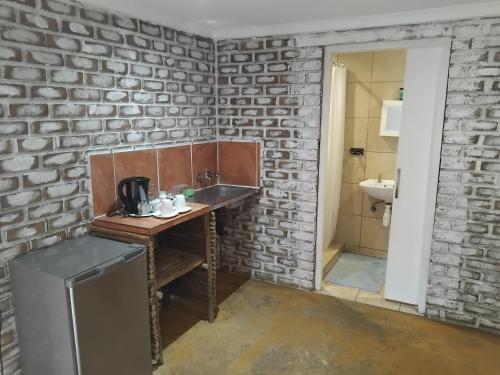 bagno con lavandino e muro di mattoni di Corner House Cottages a Grootfontein