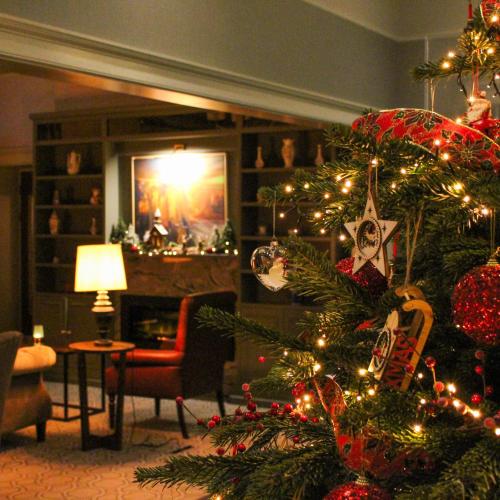 a christmas tree with christmas lights in a living room at Ness Walk in Inverness