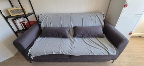 - un canapé avec deux oreillers dans l'établissement Le beaulieu design cosy clim centre ville, à La Grande Motte