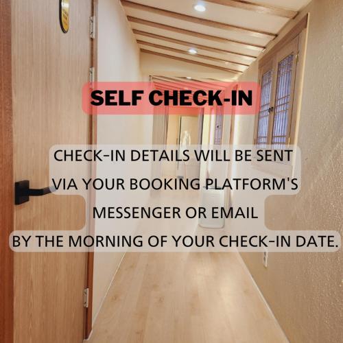 a sign that reads self check in checklist in details will be sent via your booking at Zen Seoul Stay in Seoul