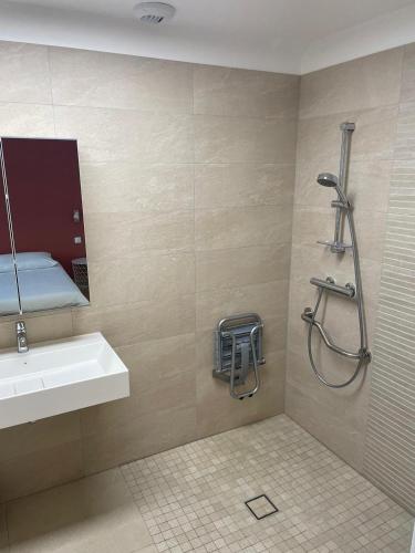 une salle de bain avec un lavabo et une douche dans l'établissement Appartement 15 min Disney Paris, à Coutevroult