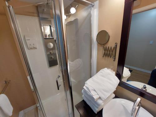 a bathroom with a shower and a sink at Studio-hôtel Villegiature Saint-Sauveur in Piedmont