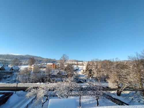a view of a snowy city with trees and buildings at Apartamenty Wisła Krzywa 8, wanna z hydromasażem, basen zewnętrzny in Wisła