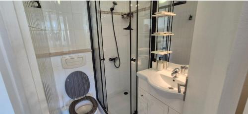 une salle de bain avec une douche, des toilettes et un lavabo dans l'établissement Le beaulieu design cosy clim centre ville, à La Grande Motte