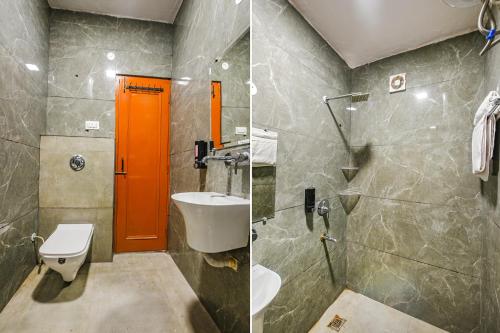 two pictures of a bathroom with a sink and a toilet at FabHotel Alpine Tree in Amritsar