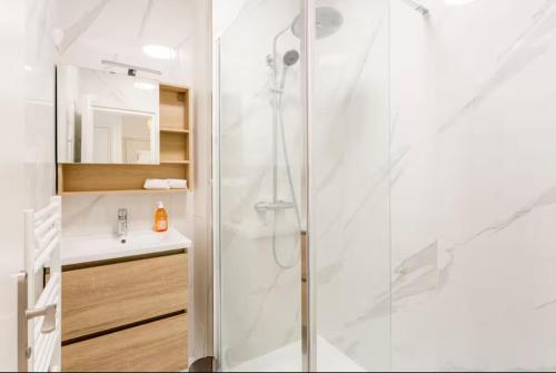 une salle de bain avec douche et lavabo dans l'établissement Magnifique appartement calme Paris Montparnasse, à Paris