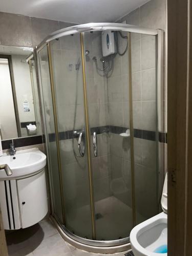 a bathroom with a shower with a sink and a toilet at Faerydae Suites - Free Pool Access in Manila
