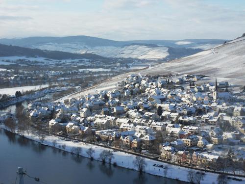 an aerial view of a city in the snow at Burgblickhotel in Bernkastel-Kues