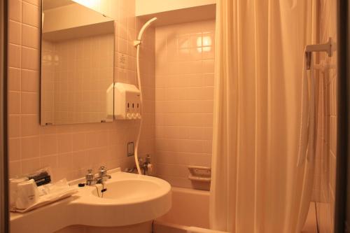ein Bad mit einem Waschbecken und einem Duschvorhang in der Unterkunft Ichihara Marine Hotel in Ichihara