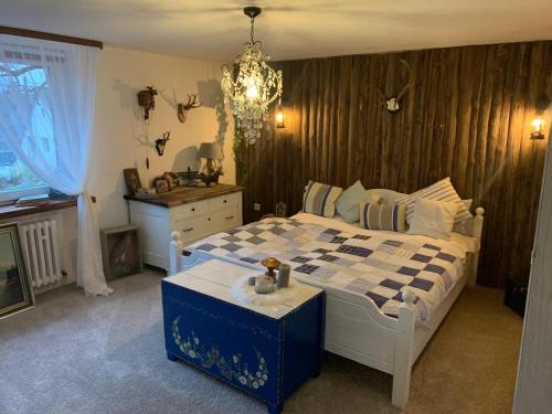 a bedroom with a bed and a chandelier at Apartment Hearzzeit in Herzberg am Harz