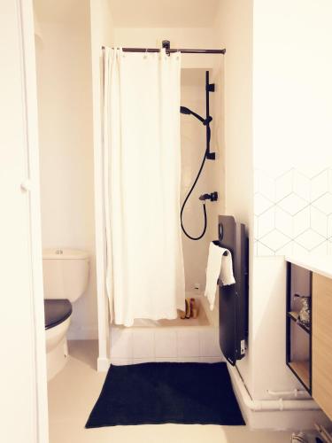 une salle de bain avec un rideau de douche et des toilettes dans l'établissement Studio bas Sablon - 50m plage, à Saint-Malo