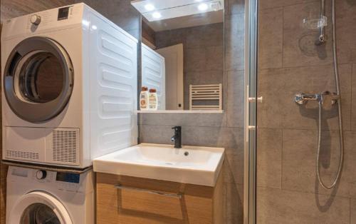 une salle de bain avec un lavabo et une machine à laver dans l'établissement Bella Vita - Quartier rénové, au Havre