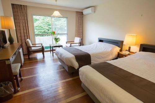 Lido Park Resort Hachijo في هاتشيجو: غرفة فندقية بسريرين ونافذة