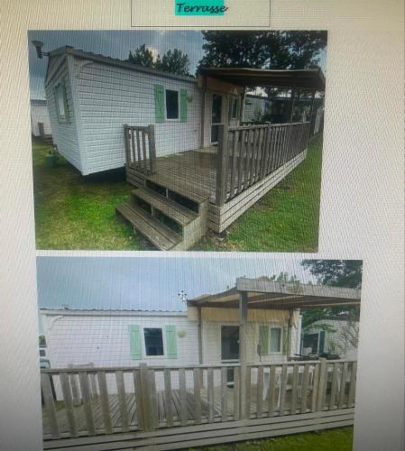 deux photos d'une maison avec une terrasse couverte et une terrasse dans l'établissement mobil home personnes, à La Tranche-sur-Mer
