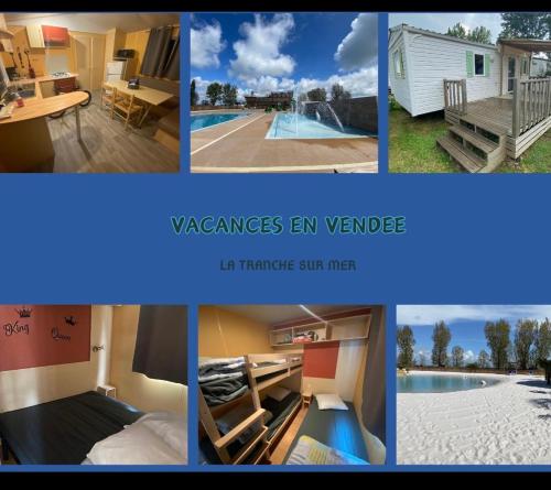 Un collage de fotografías de una piscina y una casa. en mobil home personnes, en La Tranche-sur-Mer