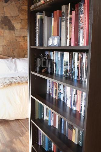 a book shelf filled with books next to a bed at Meraki Escape in Brevard
