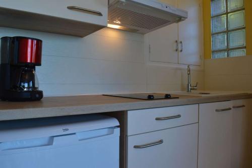 une cuisine avec un comptoir avec un mixeur dessus dans l'établissement Appartement deux pièces - Argelès sur mer - AR110-007, à Argelès-sur-Mer