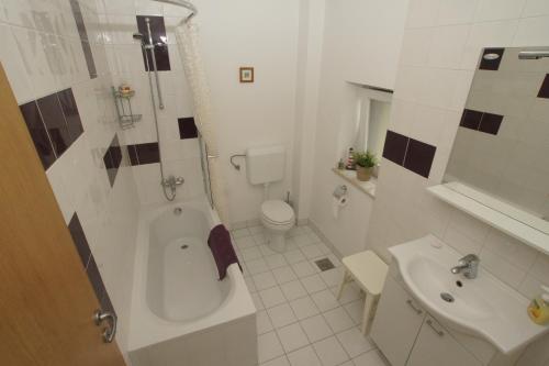 La salle de bains est pourvue d'une baignoire, de toilettes et d'un lavabo. dans l'établissement Chalet Floranneve, à Bovec