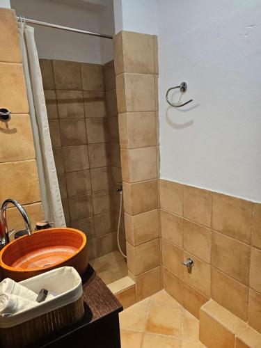 a bathroom with a sink and a shower at STUDIO Θαλλώ Thallo in Galaxidhion