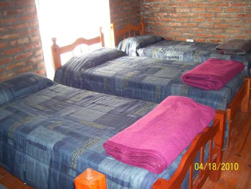 波特雷罗德洛斯弗内斯Pauvalén Cabañas的客房内的三张床和毯子
