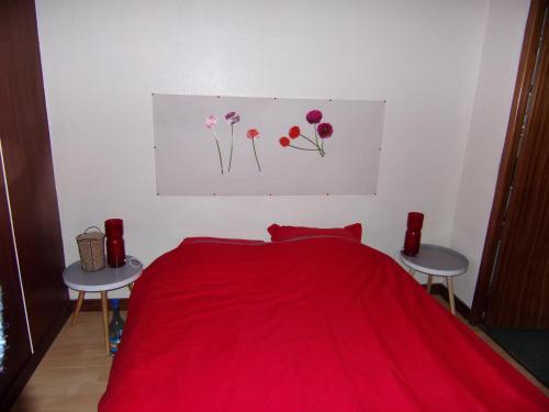 - une chambre avec un lit rouge et deux chaises dans l'établissement petit appartement cosy, à Luchon