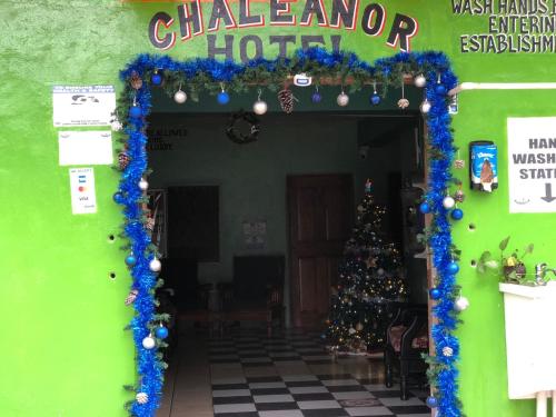 a room with a christmas tree and a doorway at Chaleanor Hotel in Dangriga